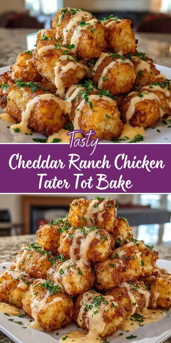 Cheddar ranch chicken tater tot bake stacked with crispy golden tater tots, juicy chicken pieces, melted cheddar cheese, fresh parsley, and a creamy ranch drizzle on a white serving plate