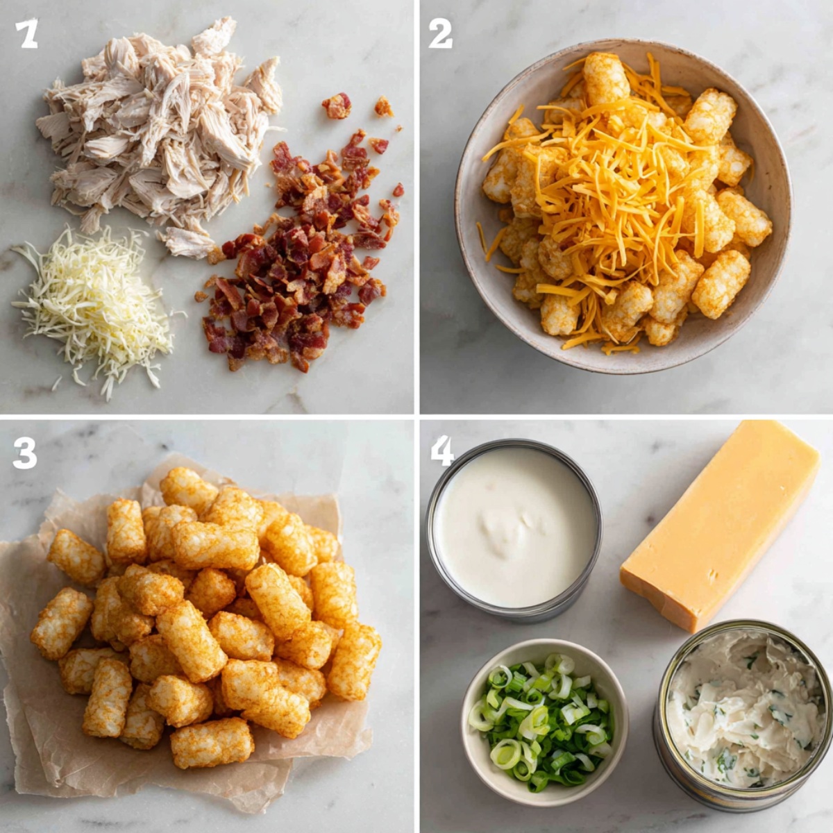 Ingredients for Cheddar Ranch Chicken Tater Tot Bake arranged in a 4-panel flat lay on a white marble kitchen counter.