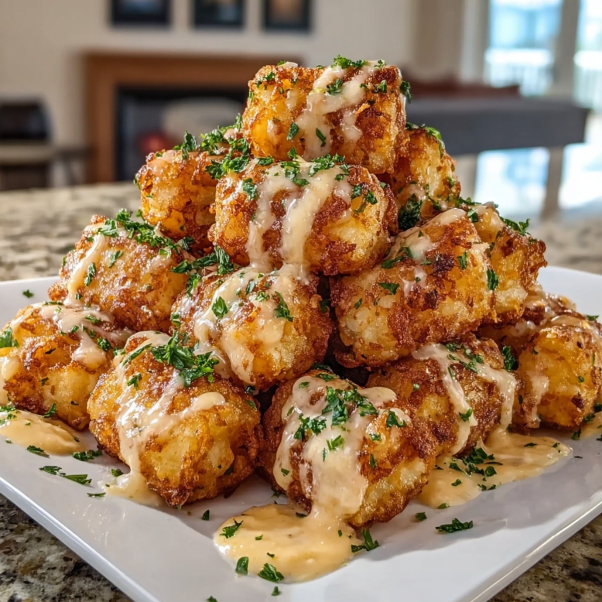 Cheddar ranch chicken tater tot bake piled high with crispy golden tater tots, tender chicken, melted cheese, fresh herbs, and creamy ranch sauce drizzled on top
