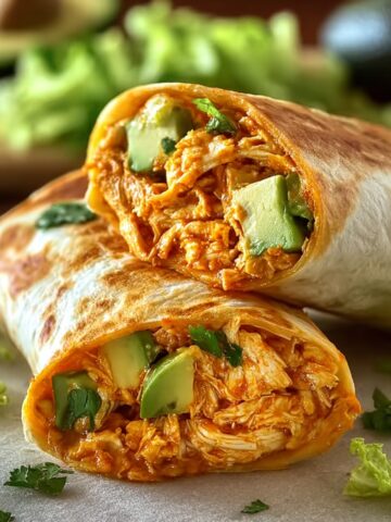 Two grilled buffalo chicken burritos stacked on top of each other, cut in half to reveal filling of shredded chicken in orange buffalo sauce, melted cheese, avocado chunks, and fresh cilantro, wrapped in golden-brown toasted flour tortillas with grill marks.