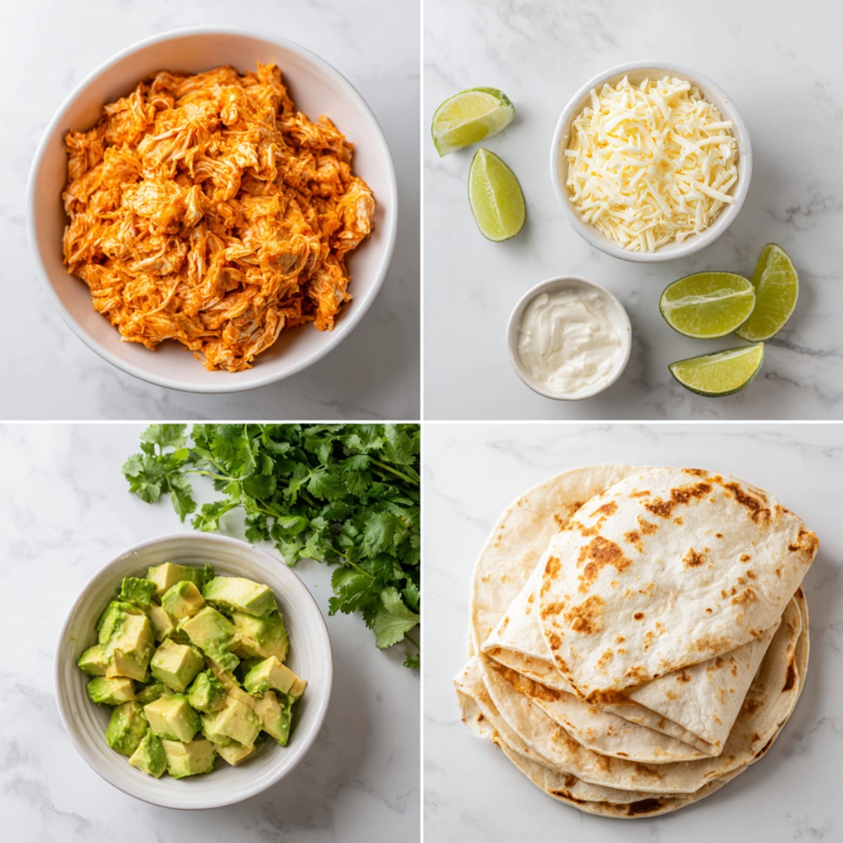 Top-down view of ingredients for Cheesy Buffalo Chicken Burritos arranged on a white marble surface: shredded buffalo chicken, melted white cheese, fresh green avocado chunks, large flour tortillas, fresh cilantro, and lime wedges. Clean, minimal food photography layout.