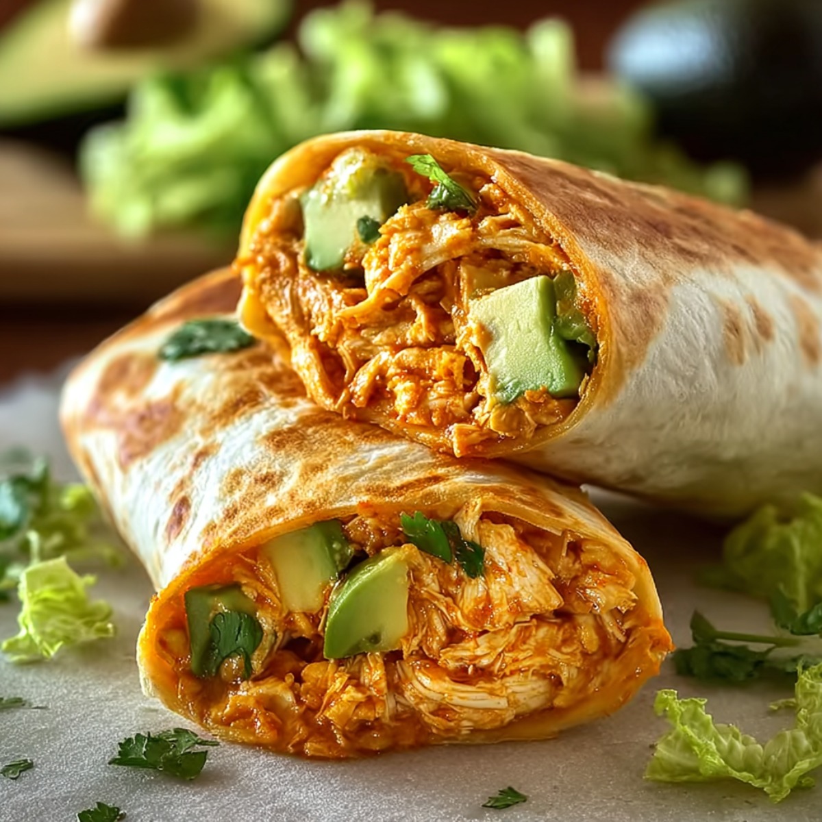 Two grilled buffalo chicken burritos stacked on top of each other, cut in half to reveal filling of shredded chicken in orange buffalo sauce, melted cheese, avocado chunks, and fresh cilantro, wrapped in golden-brown toasted flour tortillas with grill marks.