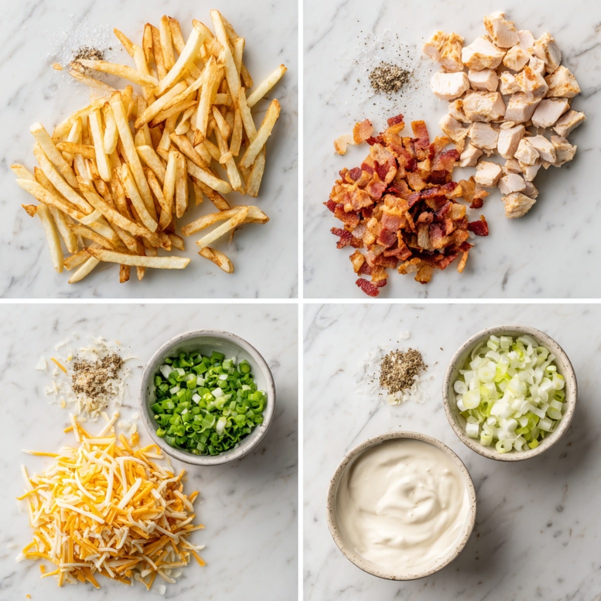 Ingredients for chicken bacon ranch fries arranged in a 4-panel flat lay on a white marble kitchen counter.