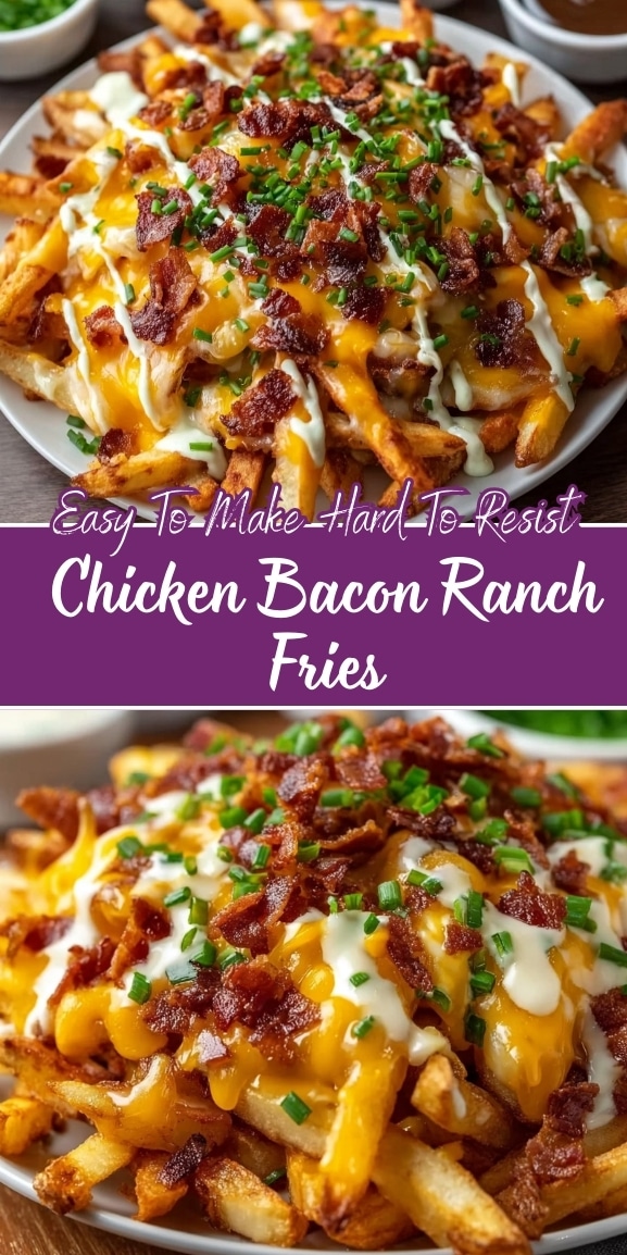 Chicken bacon ranch fries piled high with crispy golden fries, melted cheddar cheese, crunchy bacon pieces, creamy ranch drizzle, and fresh chopped chives, served as an easy and irresistible comfort food dish.