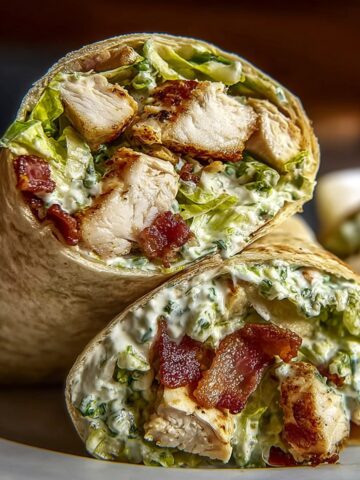 Chicken Caesar wrap filled with grilled chicken, crispy bacon, romaine lettuce, and creamy Caesar dressing, cut in half on a plate