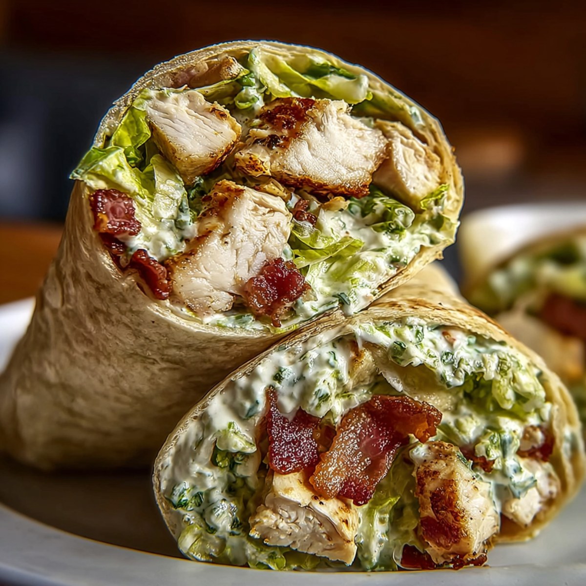 Chicken Caesar wrap filled with grilled chicken, crispy bacon, romaine lettuce, and creamy Caesar dressing, cut in half on a plate