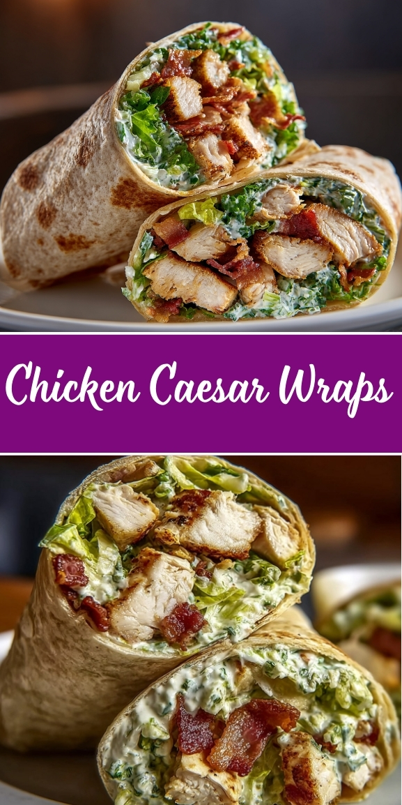 Chicken Caesar wraps filled with grilled chicken, crispy bacon, romaine lettuce, and creamy Caesar dressing, shown sliced in half on a plate
