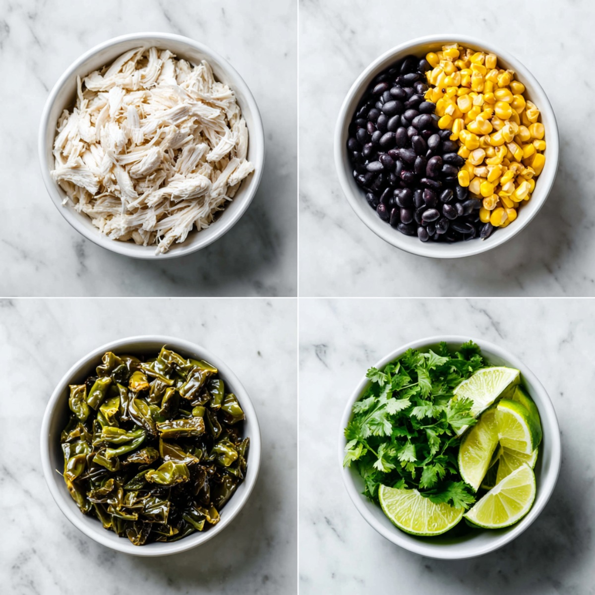 A bowl of creamy Chicken Poblano Soup with corn, black beans, and shredded chicken, garnished with cilantro and lime.