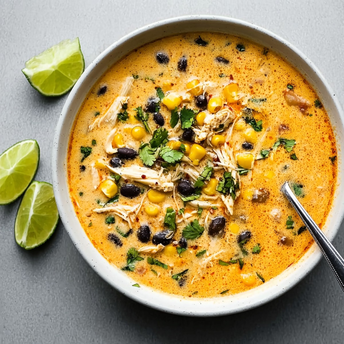 Creamy chicken poblano soup in a speckled white bowl with shredded chicken, black beans, corn kernels, fresh cilantro, and a cream swirl in golden-orange broth, served with lime wedges on a gray surface.