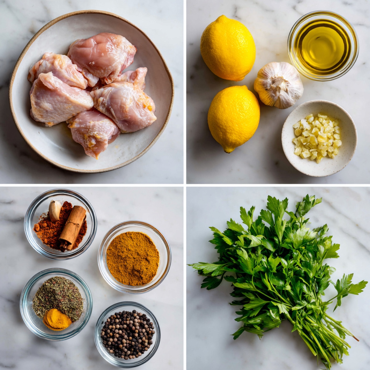 Ingredients for Chicken Shawarma arranged in a 4-panel flat lay on a white marble kitchen counter.