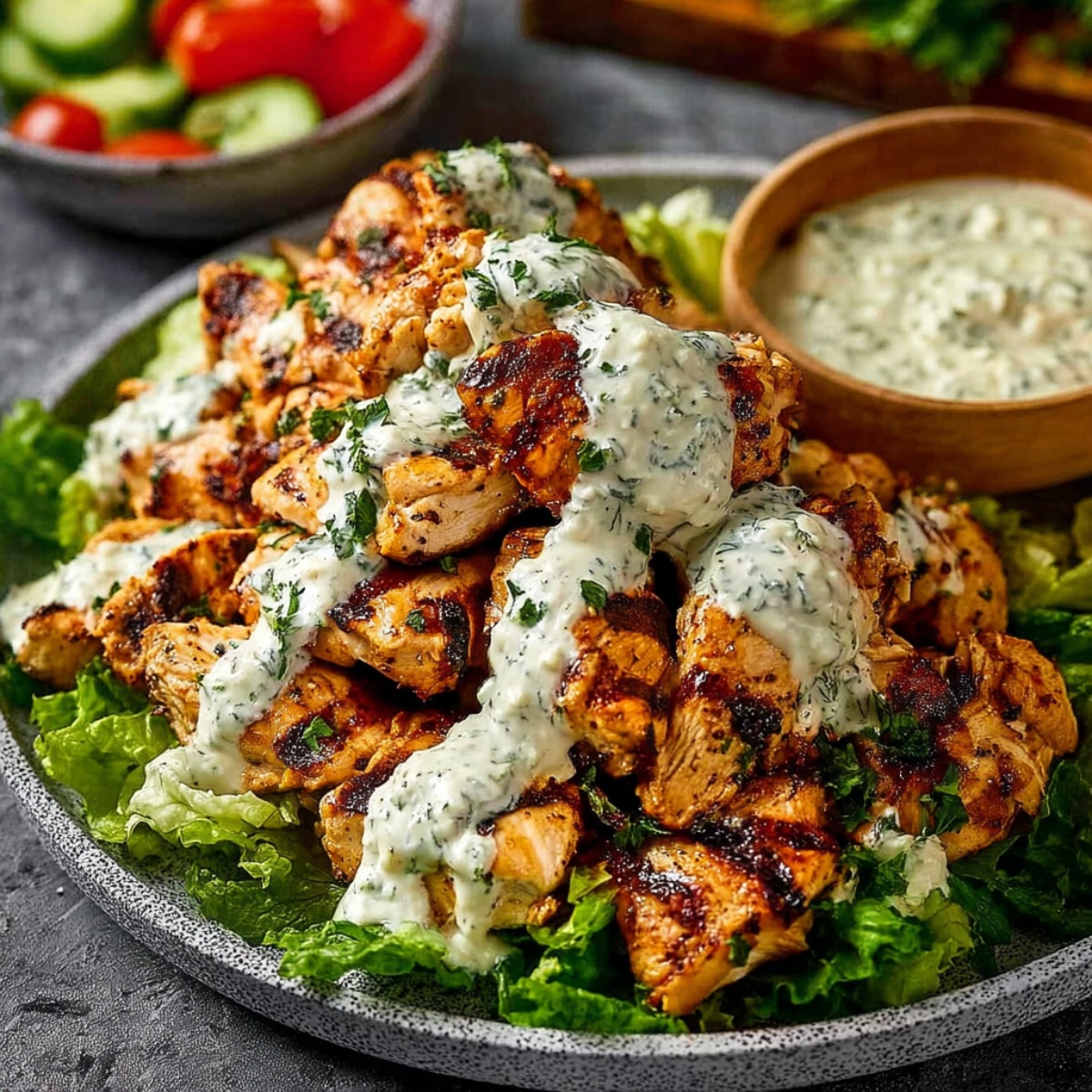 Grilled chicken shawarma with caramelized char marks served on lettuce, generously drizzled with creamy tahini sauce and fresh parsley, accompanied by a wooden bowl of extra sauce and a side salad with tomatoes and cucumbers