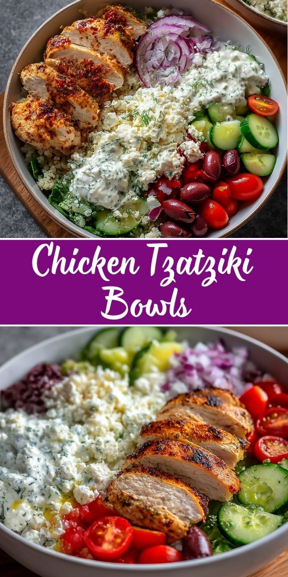 Chicken tzatziki bowls with grilled sliced chicken, creamy tzatziki sauce, cucumbers, cherry tomatoes, olives, red onion, and cauliflower rice in a Mediterranean-style bowl.