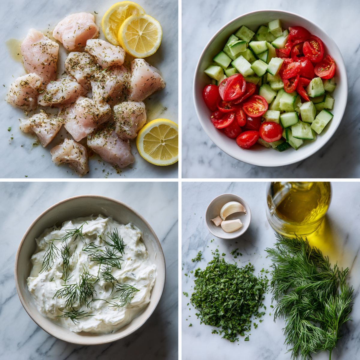 Ingredients for Chicken Tzatziki Bowls arranged in a 4-panel flat lay on a white marble kitchen counter.