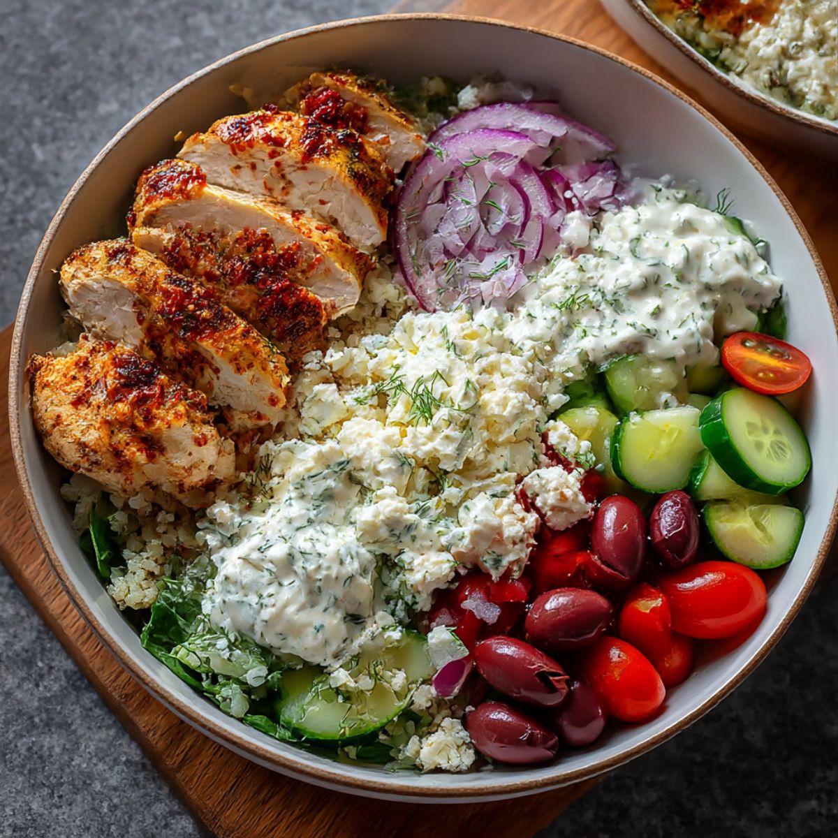 Chicken tzatziki bowl with grilled seasoned chicken, creamy tzatziki sauce, cucumbers, cherry tomatoes, olives, red onion, and crumbled feta cheese.