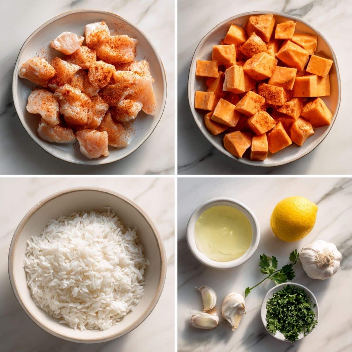 Ingredients for Chicken and Sweet Potato Bowls arranged in a 4-panel flat lay on a white marble kitchen counter.