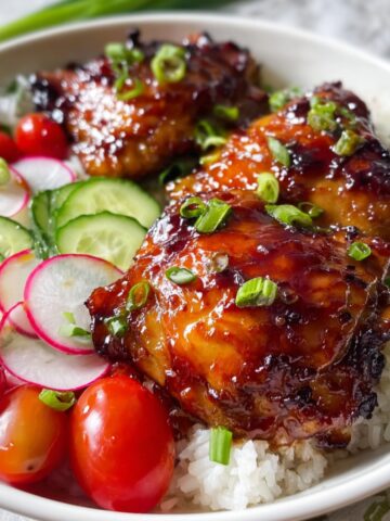 Chili chicken thighs with caramelized sweet and spicy glaze, topped with sliced green onions and sesame seeds, served in a white bowl over white rice with cucumber slices, radish slices, and cherry tomatoes on the side