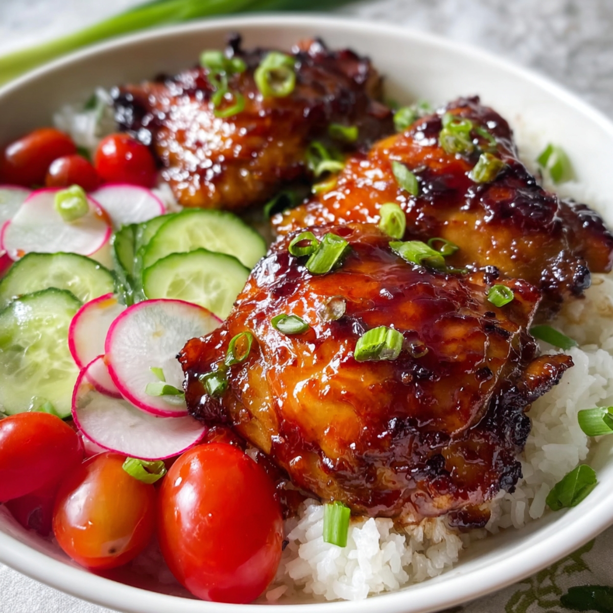 Chili chicken thighs with caramelized sweet and spicy glaze, topped with sliced green onions and sesame seeds, served in a white bowl over white rice with cucumber slices, radish slices, and cherry tomatoes on the side