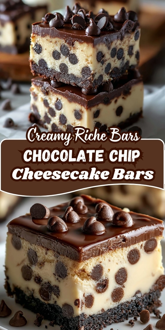 Creamy chocolate chip cheesecake bars with a rich brownie crust, smooth vanilla cheesecake packed with chocolate chips, and a thick chocolate ganache topping finished with mini chocolate chips.