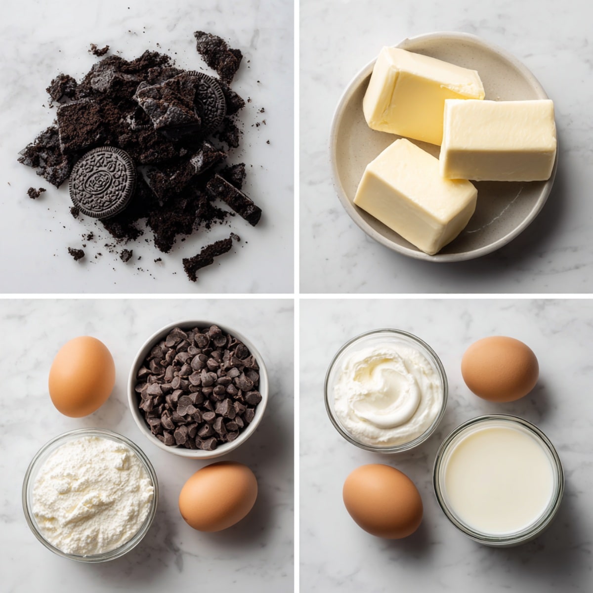 Ingredients for chocolate chip cheesecake bars arranged in a 4-panel flat lay on a white marble kitchen counter.
