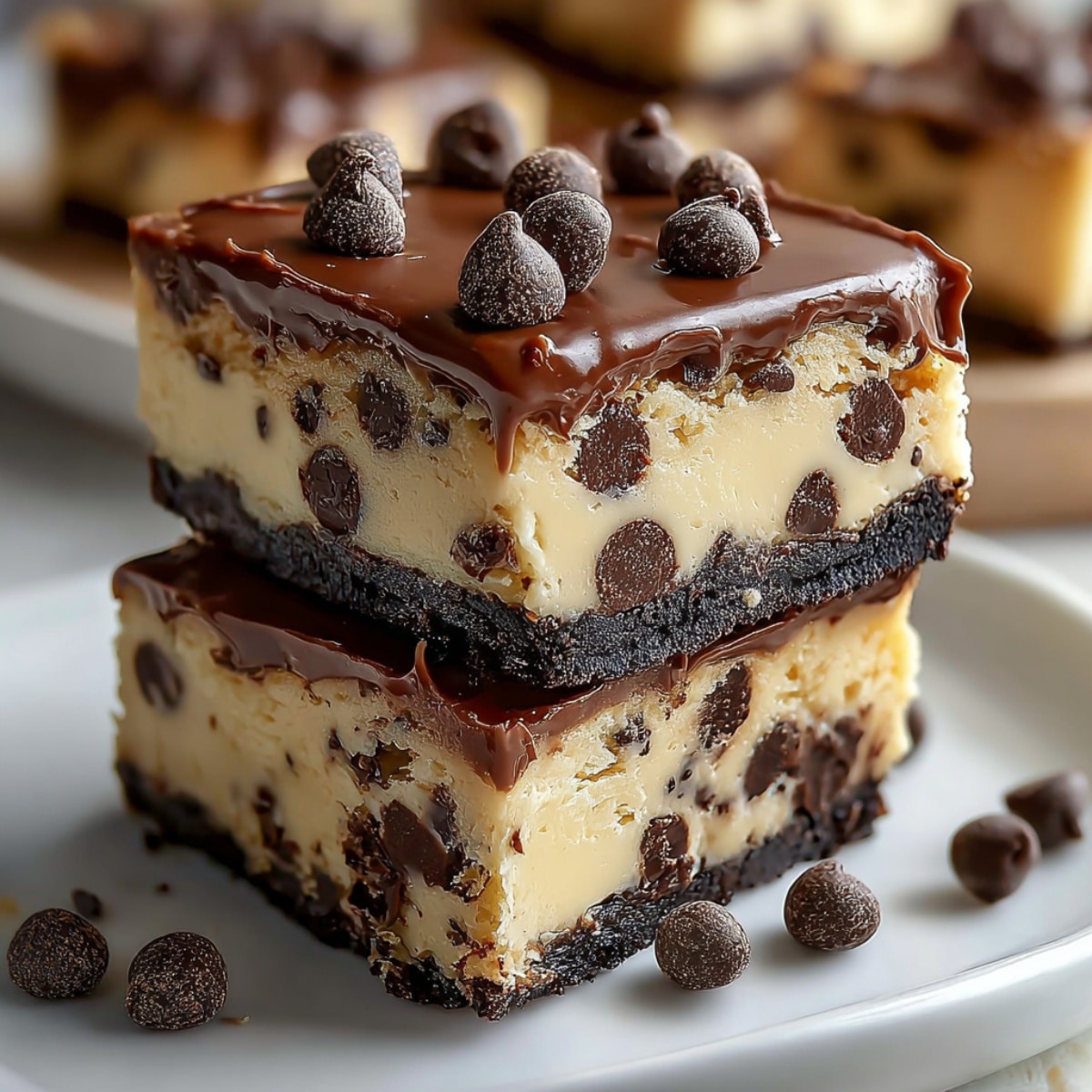 Chocolate chip cheesecake bars with a rich brownie crust, creamy cheesecake filling loaded with chocolate chips, and a glossy chocolate ganache topping finished with mini chocolate chips.