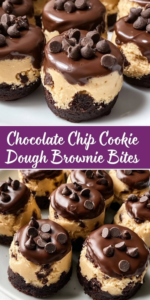 Chocolate chip cookie dough brownie bites stacked on a plate, featuring a fudgy brownie base, thick cookie dough layer, glossy chocolate topping, and mini chocolate chips.