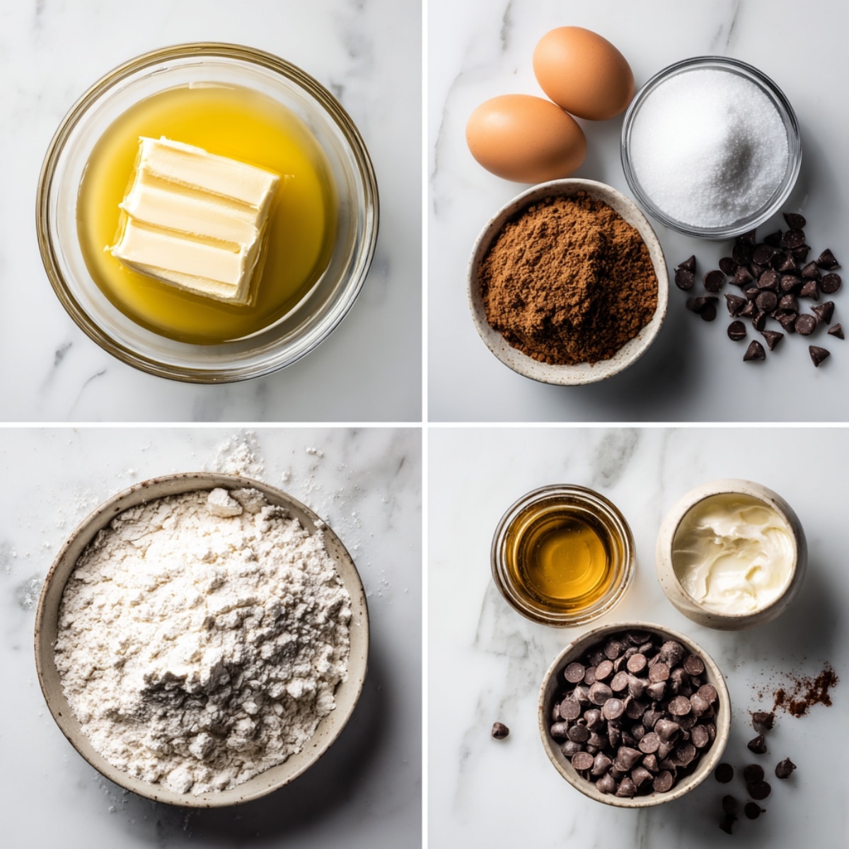 Ingredients for chocolate chip cookie dough brownie bites arranged in a 4-panel flat lay on a white marble kitchen counter.