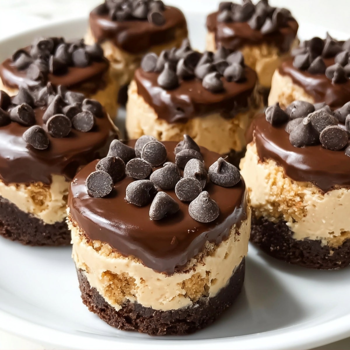Chocolate chip cookie dough brownie bites with a fudgy brownie base, creamy cookie dough center, and glossy chocolate topping sprinkled with mini chocolate chips.