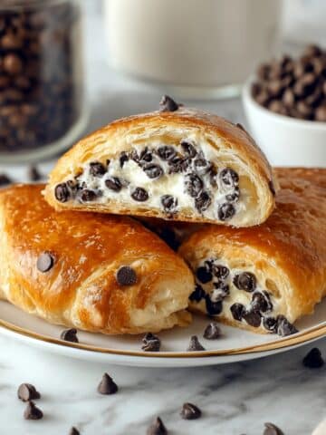 Chocolate chip vanilla custard brioche pastries with flaky golden layers, creamy custard filling, and melted chocolate chips, served on a white plate with scattered chocolate chips.