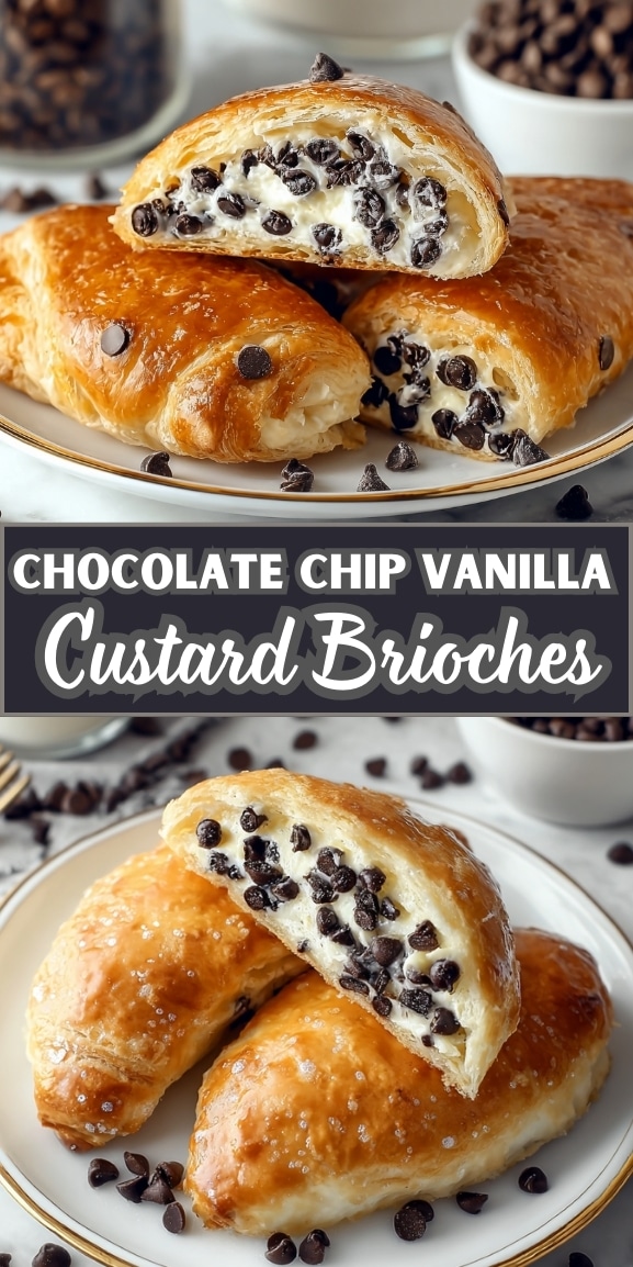 Chocolate chip vanilla custard brioches with flaky golden pastry, creamy vanilla custard filling, and rich chocolate chips, styled on a white plate as a bakery-style breakfast or dessert.