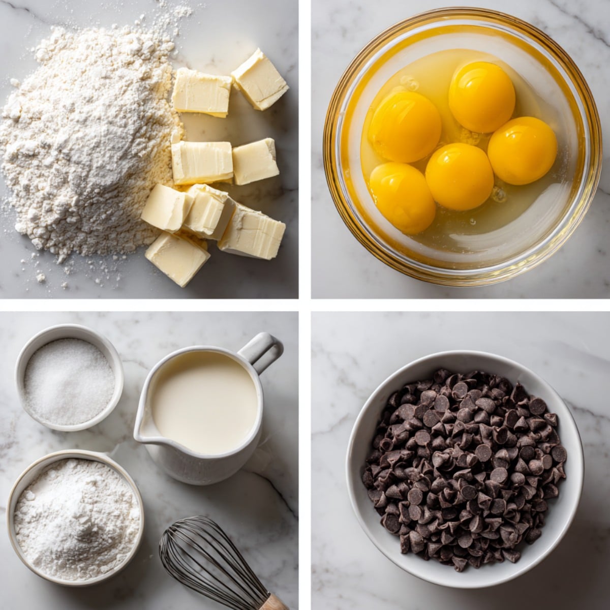 Ingredients for Chocolate Chip Vanilla Custard Brioches arranged in a 4-panel flat lay on a white marble kitchen counter.