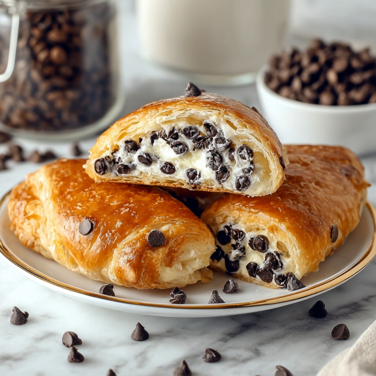 Chocolate chip vanilla custard brioche pastries with flaky golden layers, creamy custard filling, and melted chocolate chips, served on a white plate with scattered chocolate chips.