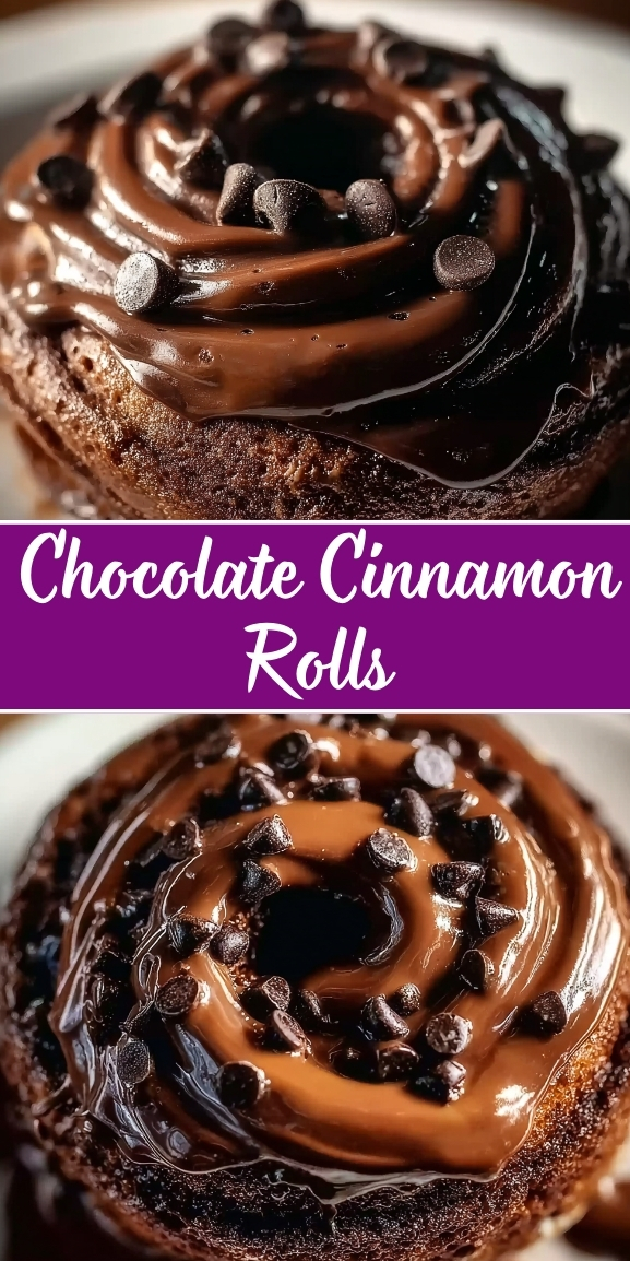 Chocolate cinnamon rolls topped with rich chocolate frosting and chocolate chips, shown in a close-up Pinterest-style image highlighting the gooey swirl and glossy finish.