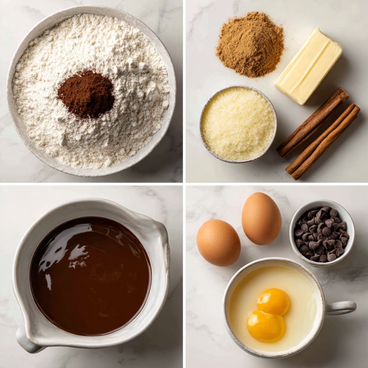 Ingredients for Chocolate Cinnamon Rolls arranged in a 4-panel flat lay on a white marble kitchen counter.
