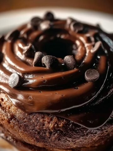 Chocolate cinnamon roll topped with rich chocolate frosting and chocolate chips, served warm on a white plate.