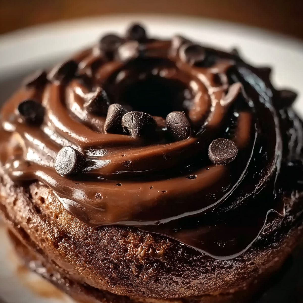 Chocolate cinnamon roll topped with rich chocolate frosting and chocolate chips, served warm on a white plate.