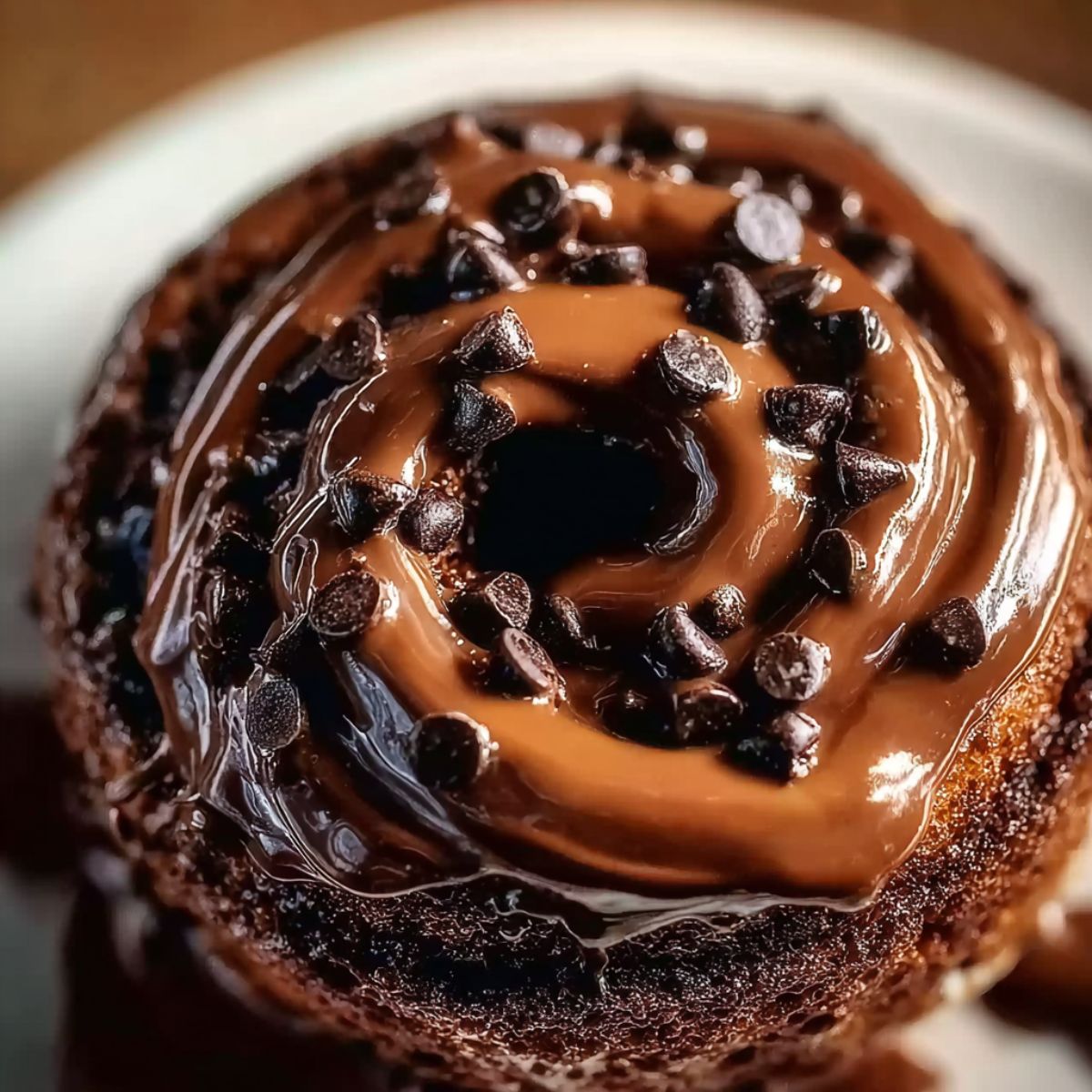 Chocolate cinnamon roll with thick swirls of melted chocolate frosting and chocolate chips on top, shown close up with a rich, gooey texture.