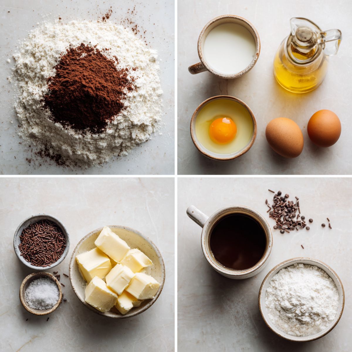 Ingredients for Chocolate Cupcakes arranged in a 4-panel flat lay on a white marble kitchen counter.