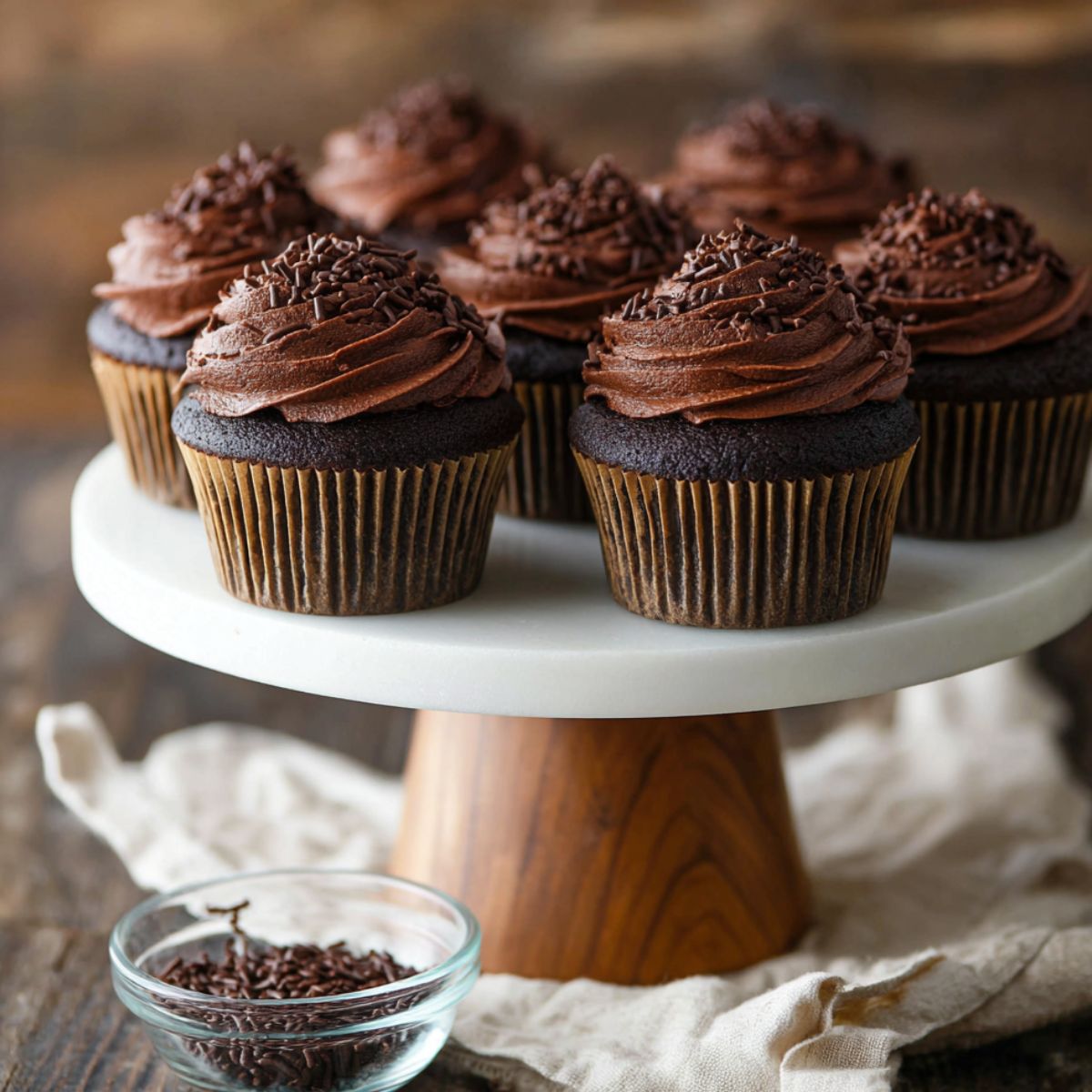 Chocolate cupcakes topped with swirled chocolate frosting and chocolate sprinkles, displayed on a cake stand.