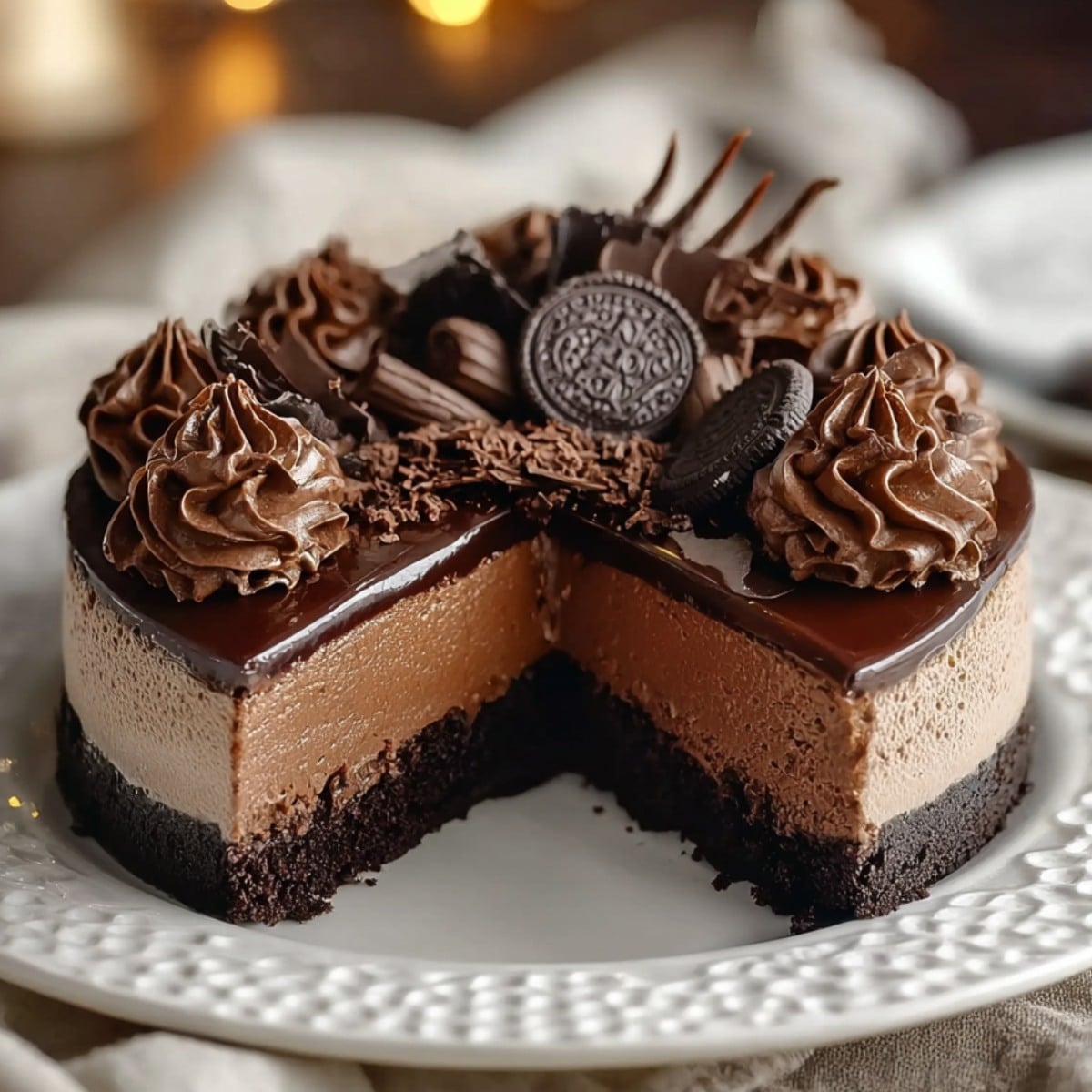 Chocolate fudge truffle cheesecake with a dark chocolate crust, creamy chocolate cheesecake filling, glossy ganache topping, and chocolate truffles on top.