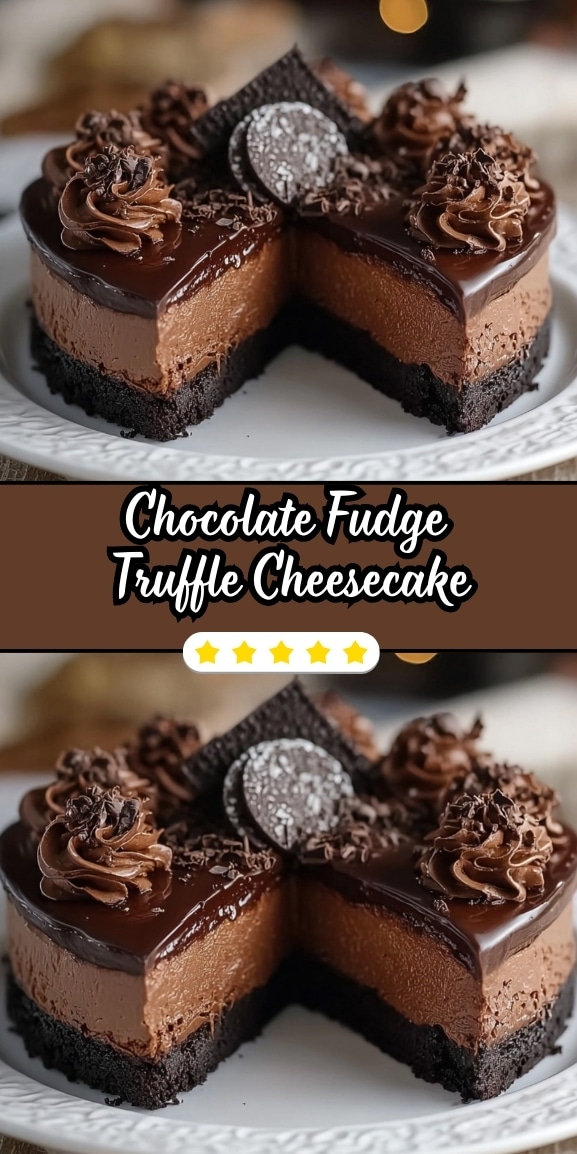 Chocolate fudge truffle cheesecake with a rich chocolate crust, creamy chocolate cheesecake layers, and glossy fudge ganache topped with chocolate truffles and shavings.