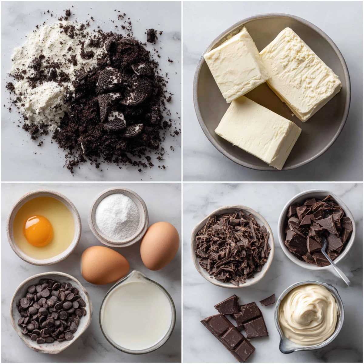Ingredients for Chocolate Fudge Truffle Cheesecake arranged in a 4-panel flat lay on a white marble kitchen counter.