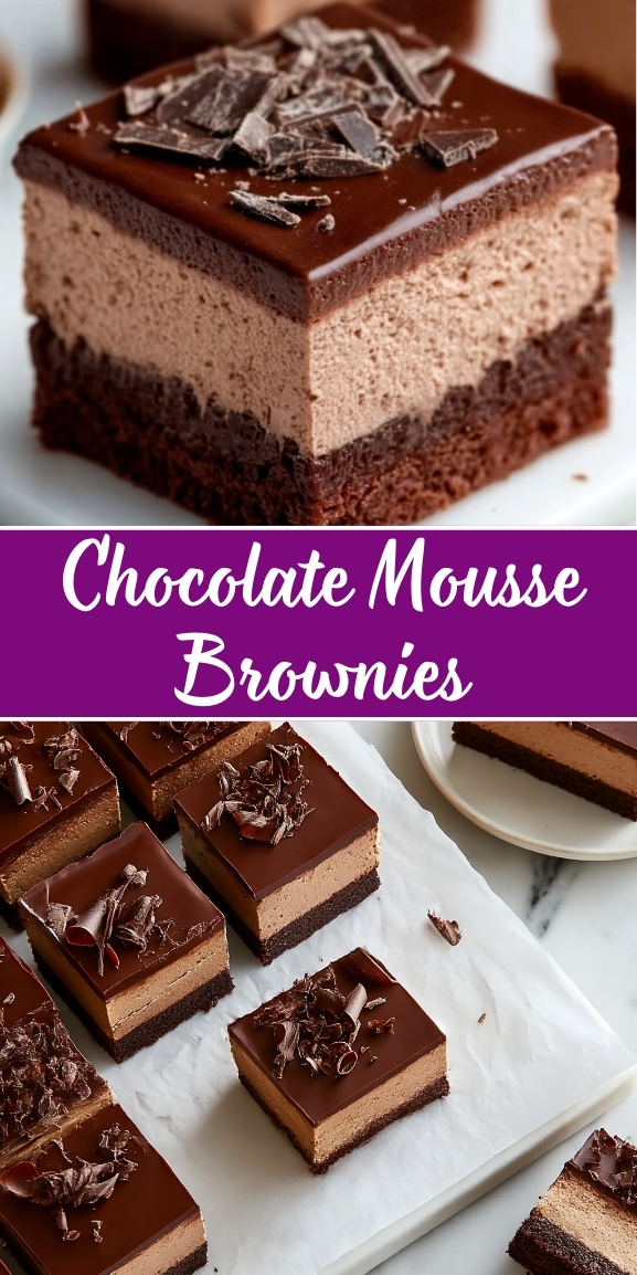 Chocolate mousse brownies with a fudgy brownie base, creamy chocolate mousse layer, and glossy chocolate topping, sliced and ready to serve.
