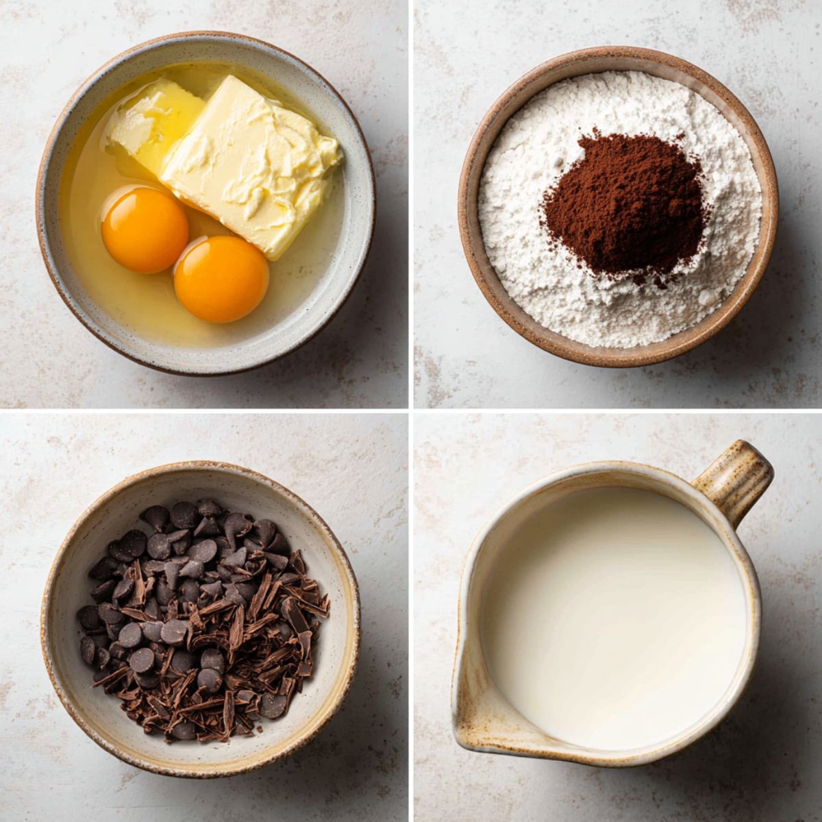 Ingredients for Chocolate Mousse Brownies arranged in a 4-panel flat lay on a white marble kitchen counter.