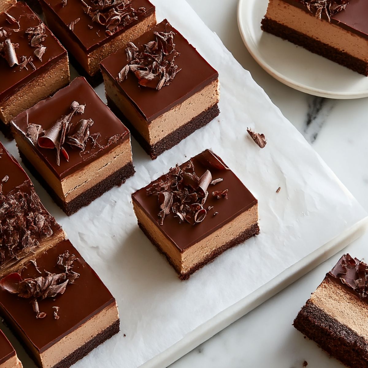 Chocolate mousse brownies with layered brownie base, creamy chocolate mousse, and glossy ganache topping, garnished with chocolate shavings.