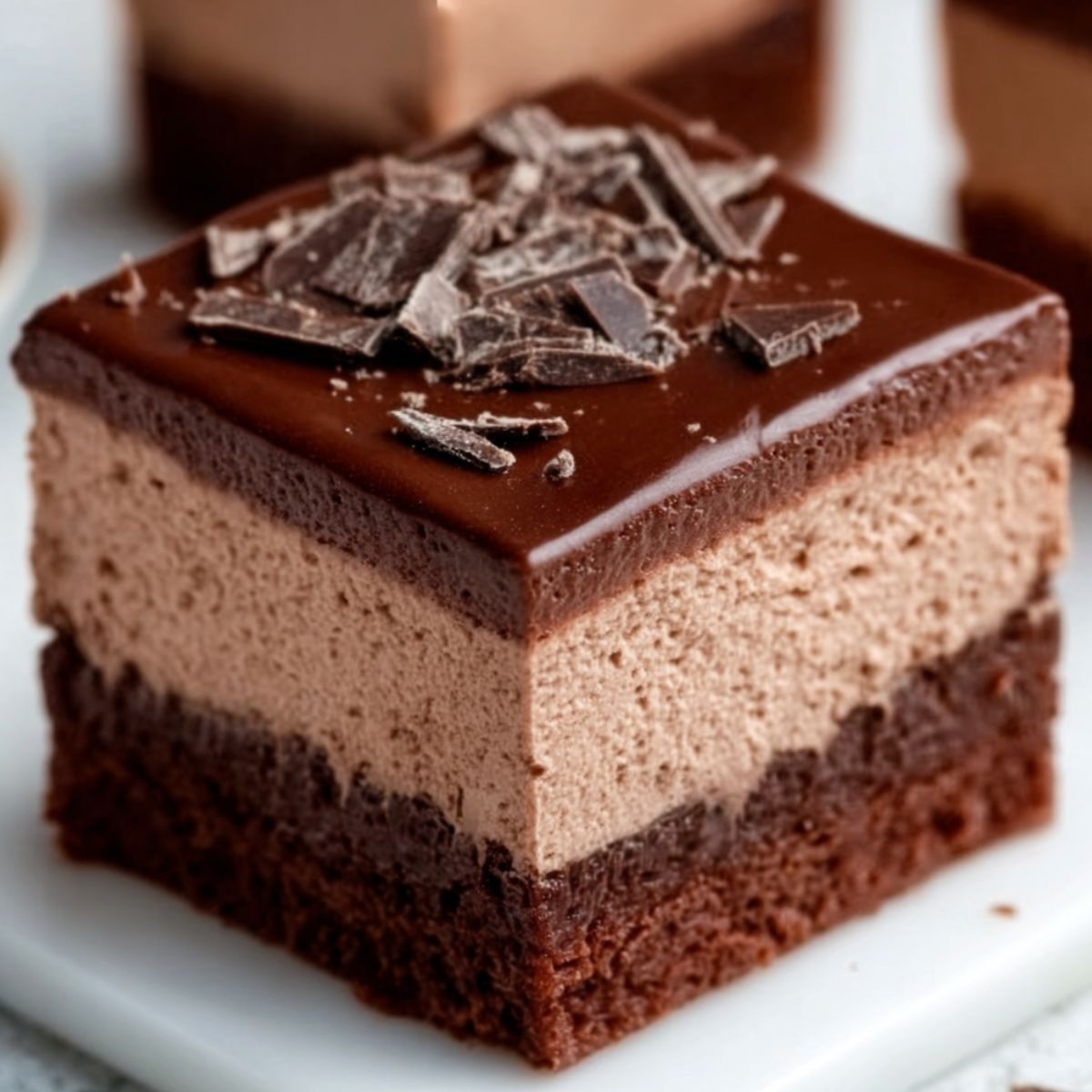 Chocolate mousse brownies with three rich layers—fudgy brownie base, creamy chocolate mousse center, and glossy chocolate ganache topped with chocolate shavings.