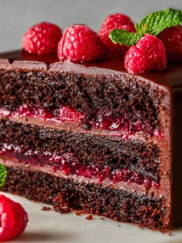 Chocolate raspberry layer cake with a slice removed, revealing three layers of dark chocolate cake with raspberry filling and chocolate buttercream between each layer, topped with fresh raspberries and mint leaves.
