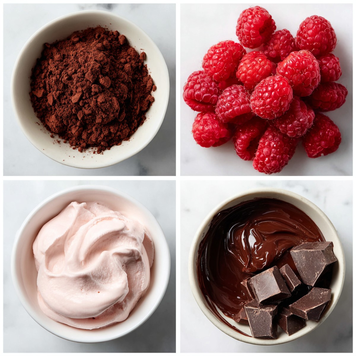 Four-image ingredient grid showing chocolate raspberry cake components: top left shows dark cocoa powder in a white bowl, top right displays fresh red raspberries, bottom left shows pink buttercream frosting in swirls, and bottom right contains melted dark chocolate ganache with chocolate pieces.