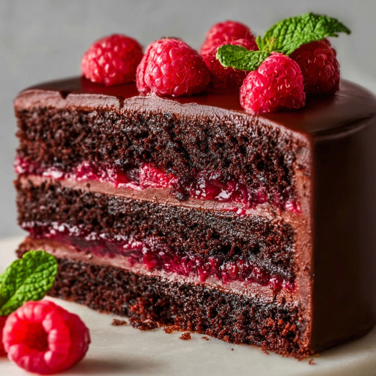 Chocolate raspberry layer cake with a slice removed, revealing three layers of dark chocolate cake with raspberry filling and chocolate buttercream between each layer, topped with fresh raspberries and mint leaves.