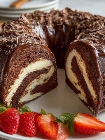 Chocolate swirl mousse bundt cake with creamy vanilla center and rich chocolate glaze