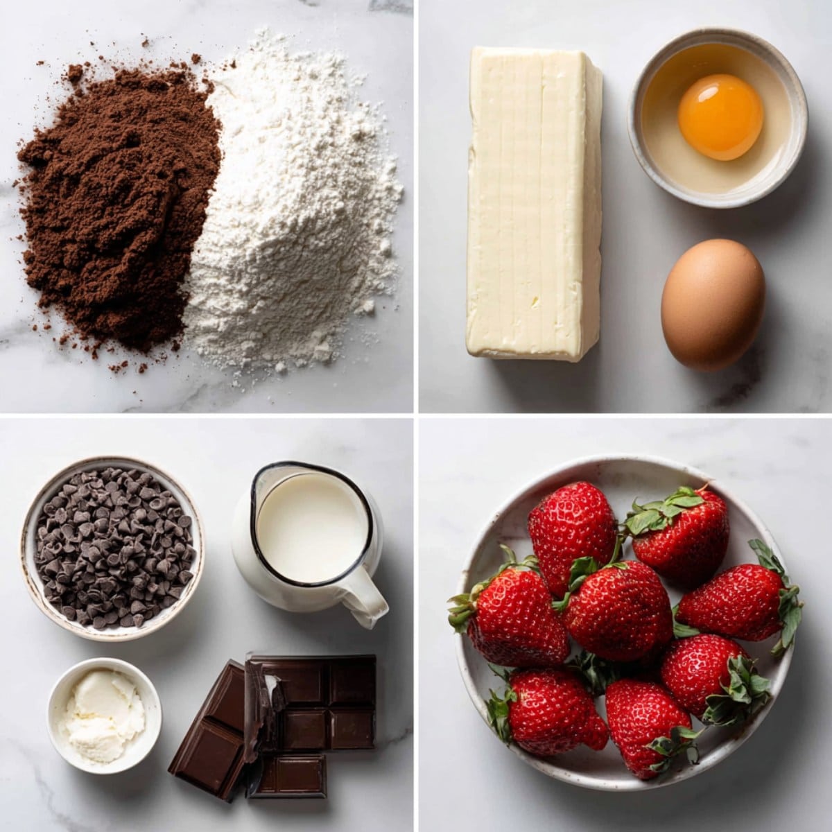 Ingredients for Chocolate Swirl Mousse Bundt Cake arranged in a 4-panel flat lay on a white marble kitchen counter.